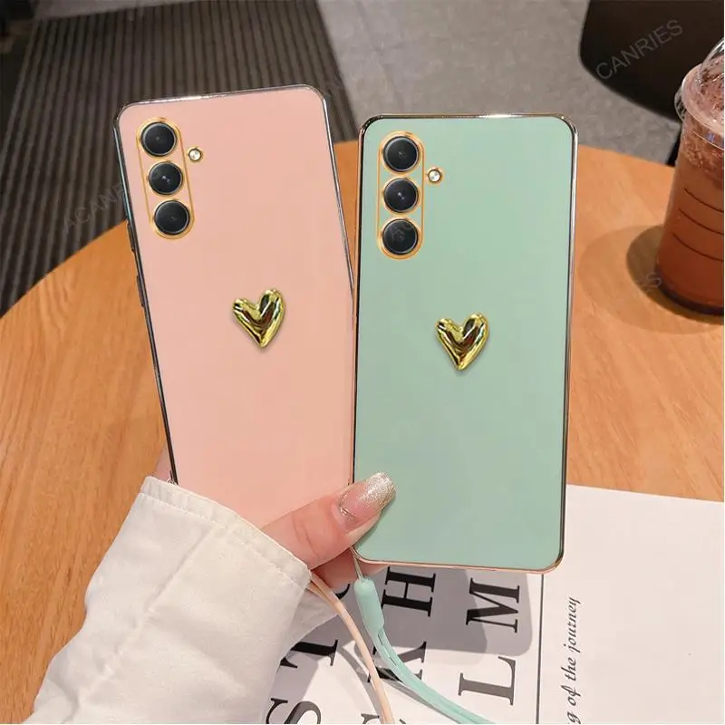 3D Gold Heart Plating Silicone Soft Case For Samsung Galaxy A54 5G A34 A24 4G A14 A04 A15 A25 A05s Cover A 54 34 24 14 04 15 25