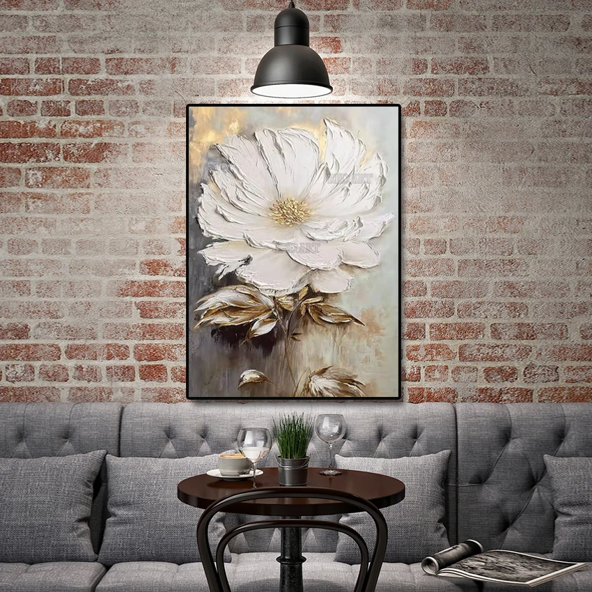 

Абстрактная картина на холсте из белого акрила, крупный цветок лотоса, выполненный ножом, текстурированная, безрамная роскошная настенная живопись для отеля