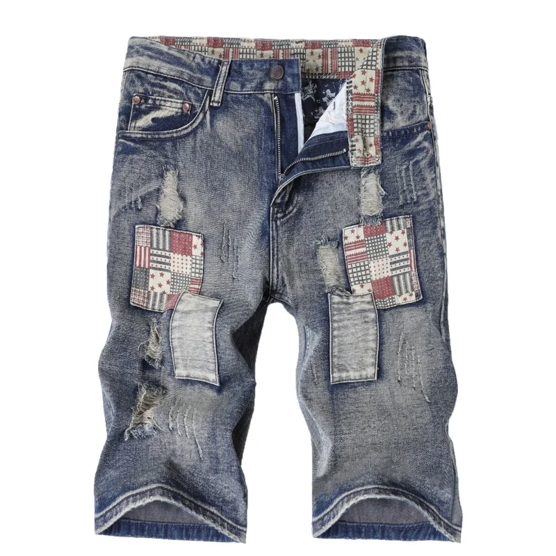

Summer Vintage Washed Denim Shorts Men Patchwork Star Stripe Details Casual Retro Streetwear Jeans Straight Leg Male Shorts