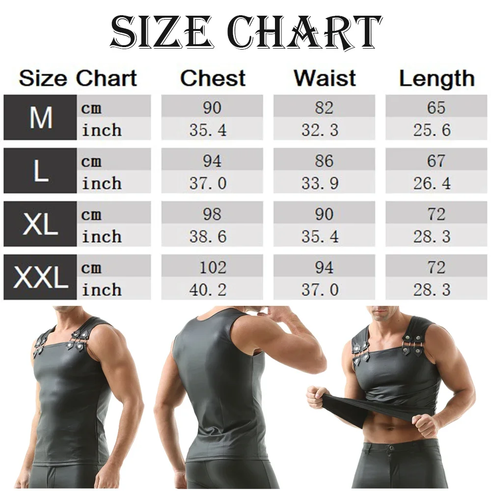 Men\'s Leather Buckle Design Tank Tops Undershirts Casual Male Solid Color Faux Leather Muscle Vest Sleeveless Bodybuilding Shirt