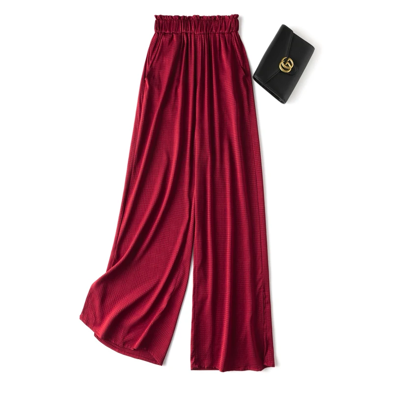 2023 Women's Fashion New 20MM Light Luxury Silk Sangbo Satin Flower Bud Waist Natural Sang Silk Split Red Wide Leg Pants