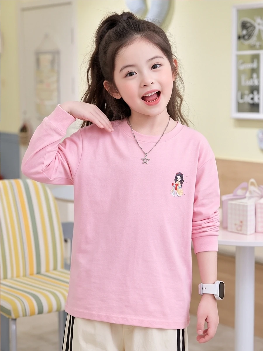 Cute Little Princess Small Chest Print Girls Cotton Long‑Sleeve T‑Shirt 100‑170, Casual Daily Tops for Young Girls