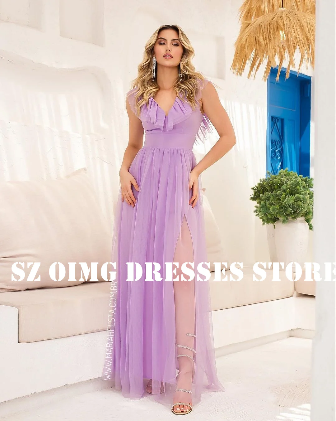 OIMG New Design V Neck Tulle Prom Dresses Arabic Women Ruched Ruffles High Split Purple Evening Gowns Formal Party Dress