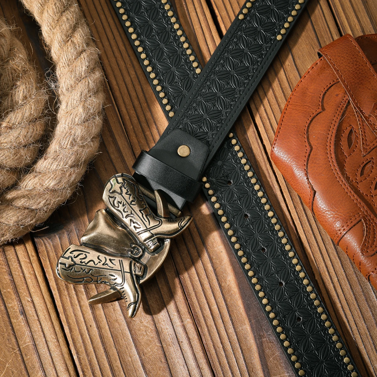 Ein lässiger und retroer Gürtel, ein Taillenaccessoire für Kleidung im Western-Stil, Metallschnalle, PU-Gürtel, geeignet für Männer und Frauen. – Detail 8