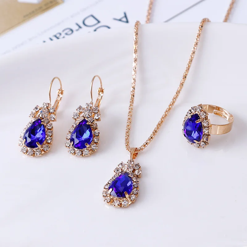 4pcs Elegant Vintage Jewelry Set for Women Gorgeous Waterdrop Style Necklace Shiny Crystal Choker Bridal Wedding Earrings Party