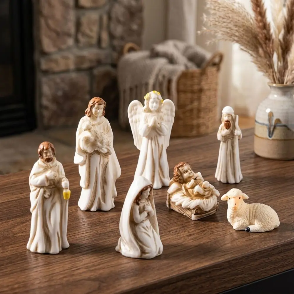 7Pcs Miniature Nativity Scene Figurine Set Vintage Small Figurine Christmas Manger Resin Statues Desktop Scene Collectible