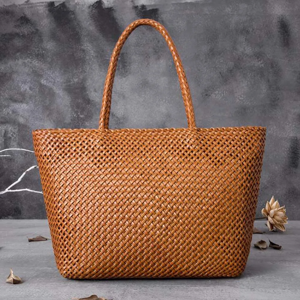 Women Leather Handbag Romantic Big Handmade Woven Totes Female Cowhide Big Holiday Bucket Bag Causal Beach Shoulder Handbags