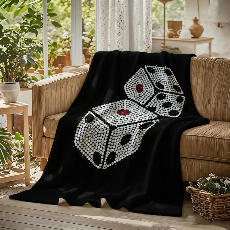 Rhinestone Dice Black Flannel Blanket Perfect for Sofa Office Bed Travel Sleep Read Relax Camping Four Season Use