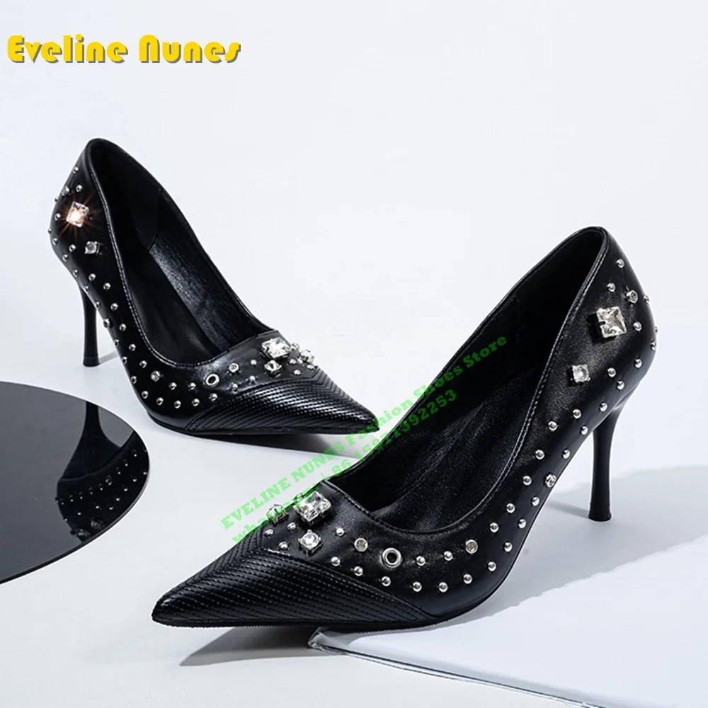 Rhinestone Rivet Shallow Black Pumps Pointed Toe Stiletto Slip On Gemstone Embellishment Sexy Women Heels Party Dress 2024 Trend