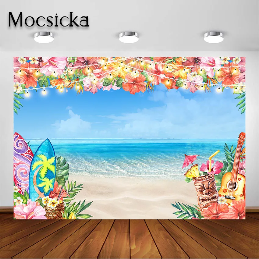 

Mocsicka Summer Hawaiian Beach Backdrop for Photography Tropical Flower Aloha Backdrop Blue Sky Ocean Palm Leaves Background