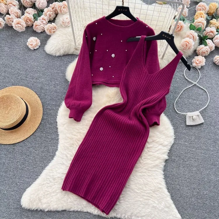 Korejepo Celebrity Temperament Crew Neck Beaded High Waist Short Belly Button Sweater Two Piece Set Knitted Vest Dress Women