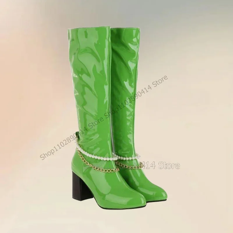 Green Patent Leather String of Pearl Chain Decor Boots Slip On Women Shoes Chunky High Heels Fashion 2023 Zapatos Para Mujere
