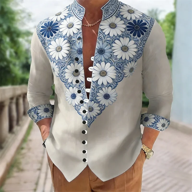 New light gray blue and white daisy 3D printed flower pattern men's long sleeved shirt casual shirt clothing