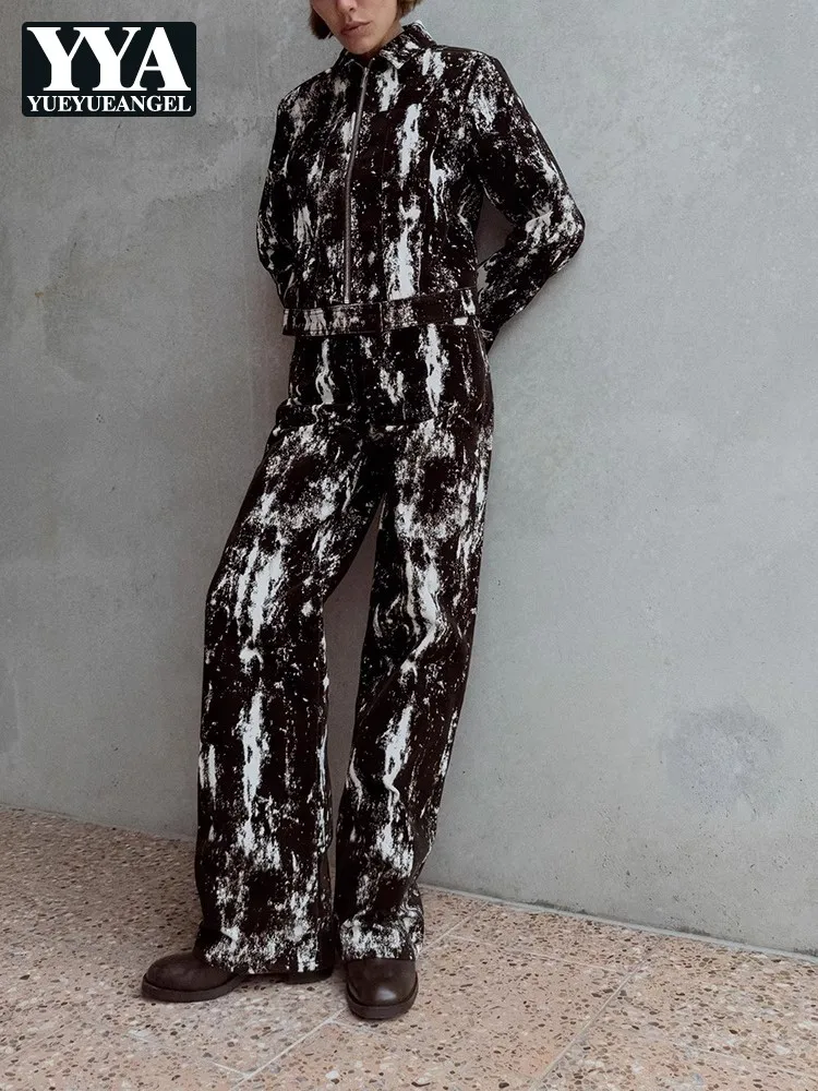 

Уличная одежда, индивидуальная женская короткая куртка с принтом, прямые брюки с высокой талией, комплект из двух предметов, модный женский повседневный одинаковый наряд