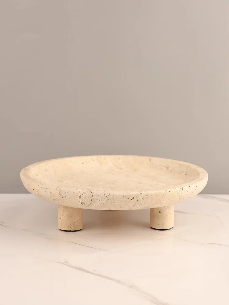 French Style Retro Home Use Natural Marble Fruit Tray Hotel Light luxury Advanced Decoration Yellow Cave Stone Tall Foot Tray