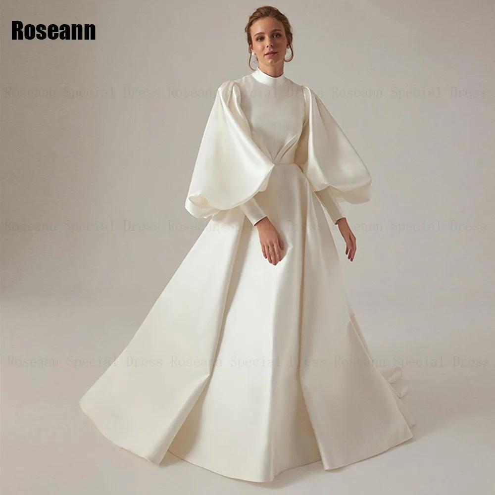 Vestido de novia musulmán con cuello alto, línea A, marfil, manga abullonada plegable, satén, drapeado, plisado, largo hasta el suelo