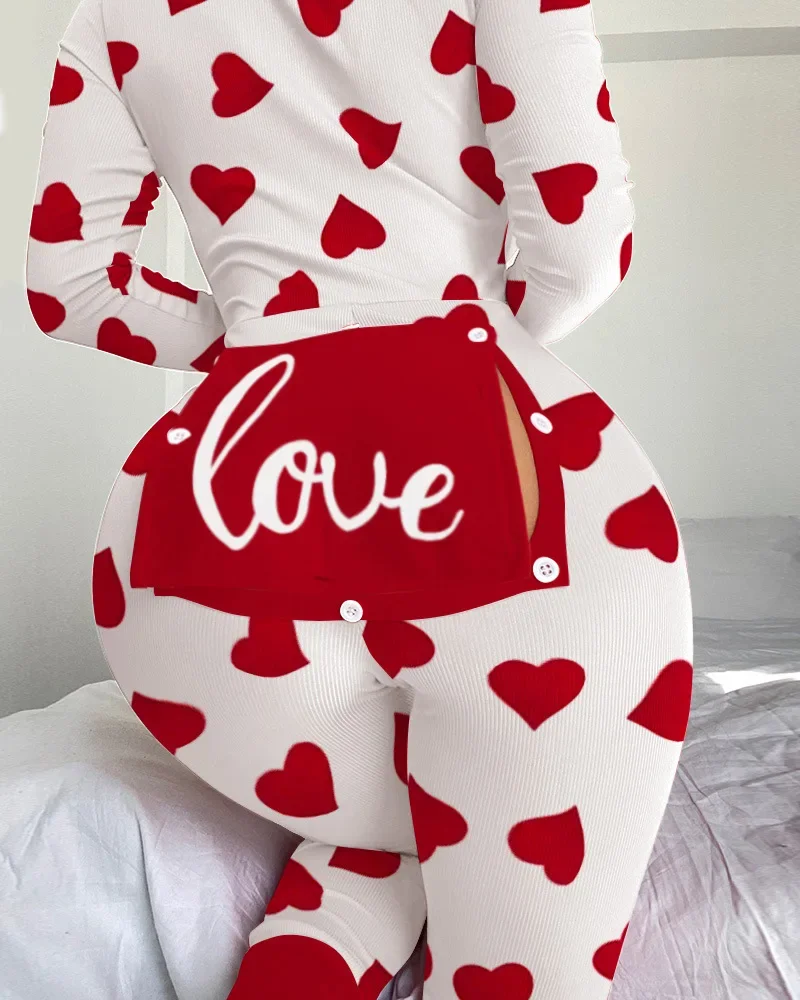 Women Heart Letter Print Ribbed Functional Buttoned Flap Adult Onesie Jumpsuits Pants Overall Casual Fashion Spring Summer Sexy