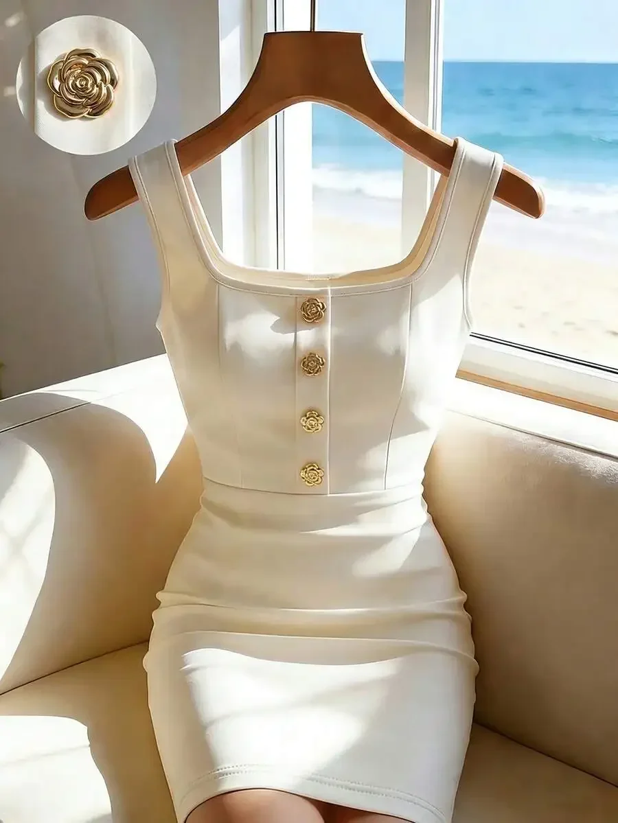 

Elegant Square Neck Bodycon Dress With Floral Buttons Women Summer Party Dress
