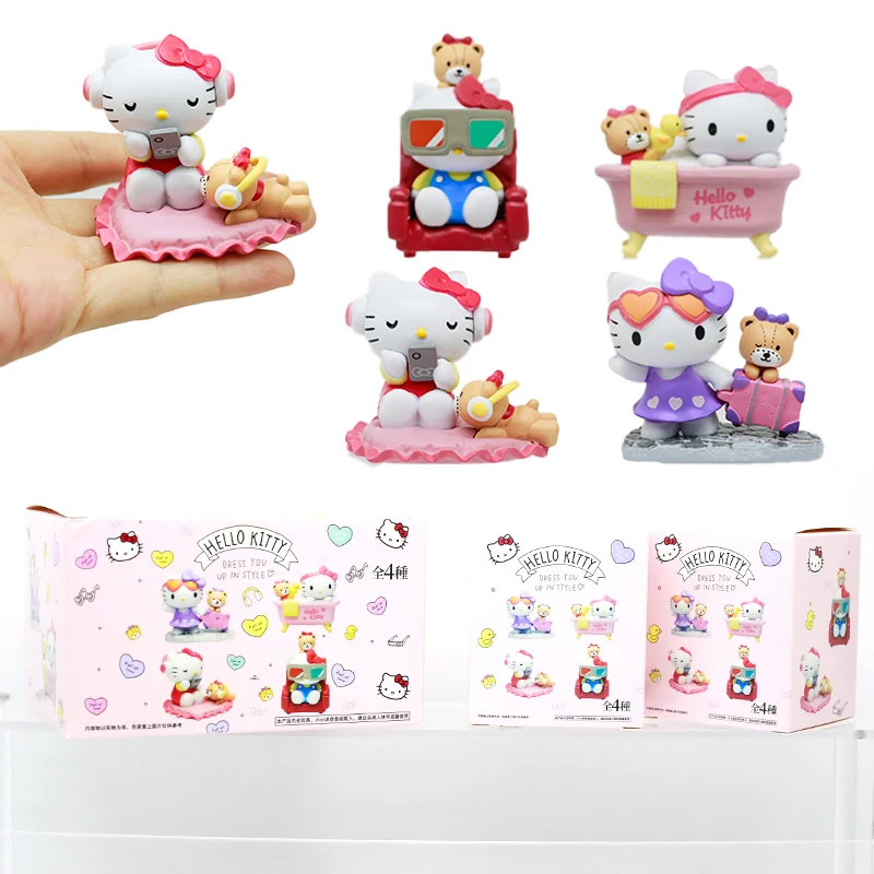 

HelloKittys Capsule Toys Happy Holidays Travelling Cat Film Travelling Listening Music Bathing Scenes Models Tabletop Ornament
