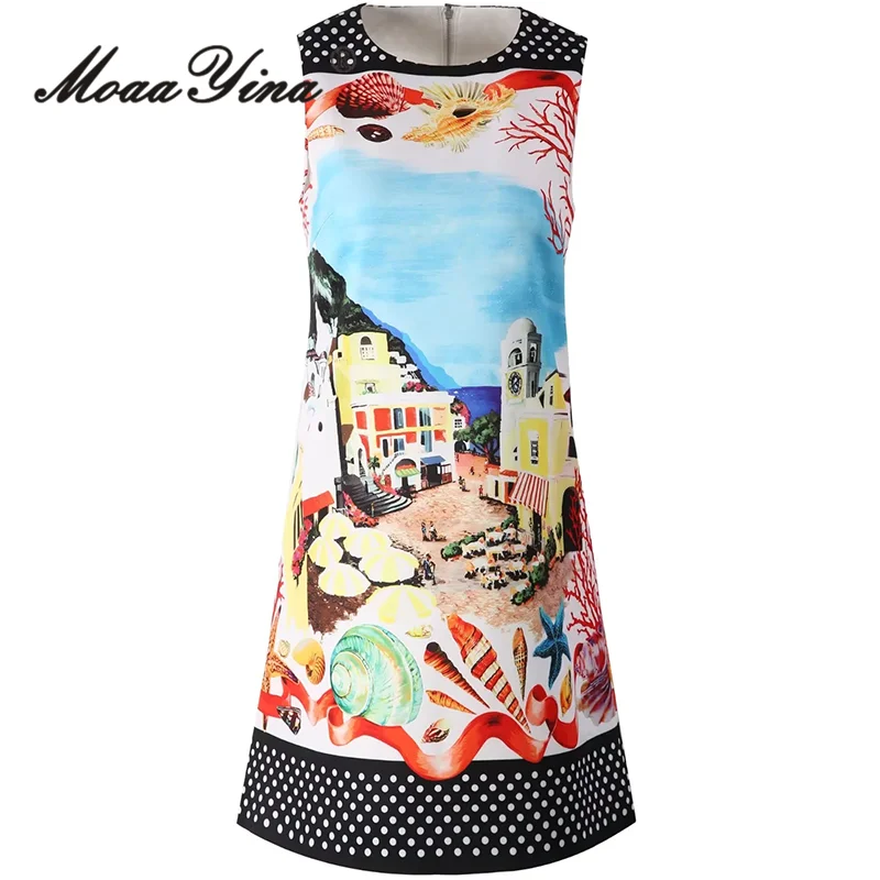 MoaaYina Summer High Quality New Arrivals Women Dresses Bohemian Beach Polka Dot Print Temperament Sleeveless Vest Dresses