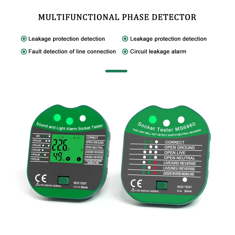 LEFAVOR Socket Tester Pro Voltage Test RCD 30mA Socket Detector UK EU Plug Ground Zero Line Plug Polarity Phase Check