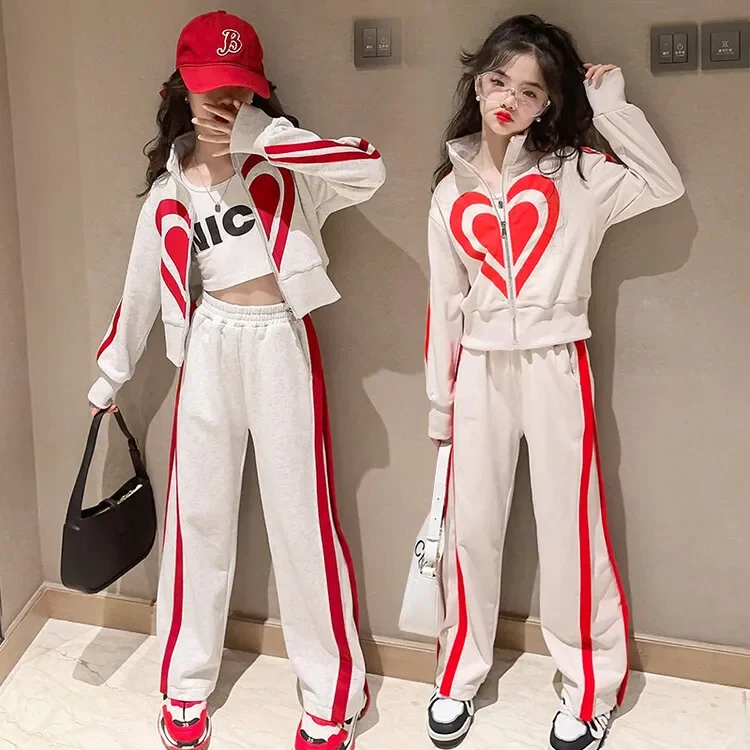 Spring Kids Girls Clothing Sets 2024 Heart Pattern Tops + Wide Leg Pants Korean Clothes Children Suit Teen 4 5 7 9 11 13 14Years