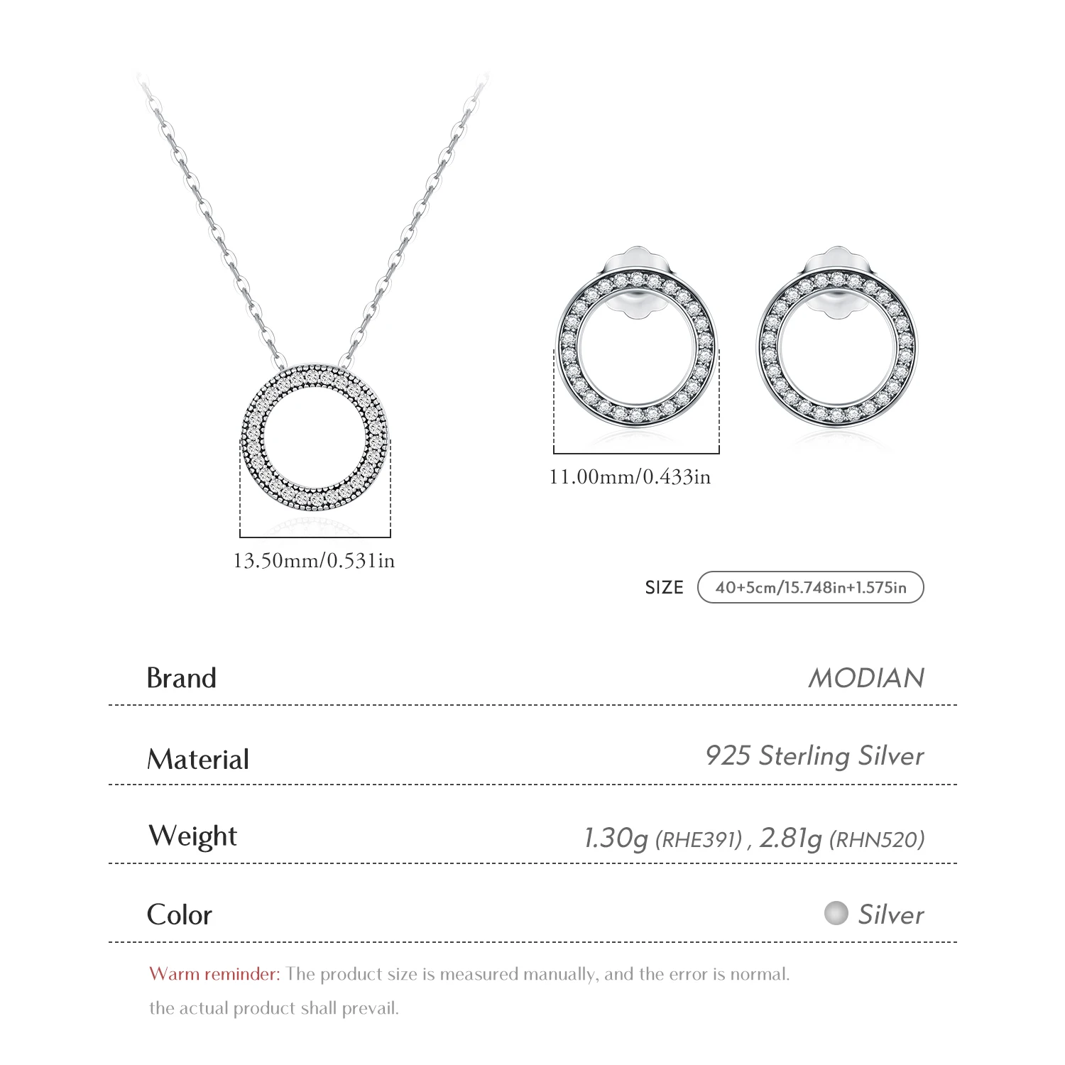 Modian Classic Circle Sparkling CZ Stud Earrings 925 Sterling Silver Heart Romanti Jewelry Sets For Women Fine Necklace Pendant