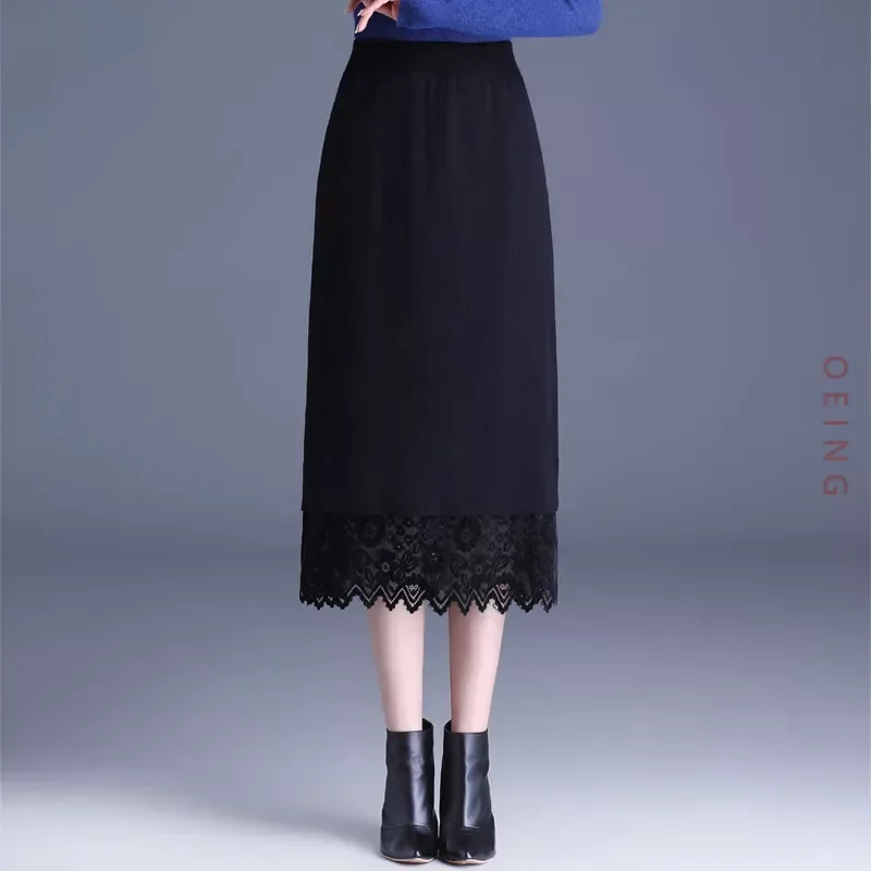 

Autumn Winter Black Lace Spliced Knitted Wool High Waisted Long Skirt Women Elegant Chic Slim Fit Casual Bodycon Skirts 6588