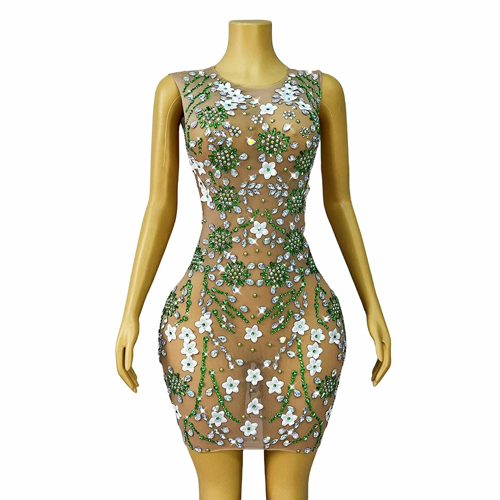 Krótka Elegancka Biała Sukienka z Kwiatami, Błyszczącymi Cyrkoniami, Seksowna Sukienka z Siateczki w Kolorze Nude, Damska Sukienka Koktajlowa na Imprezę, Suknia na Czerwony Dywan, Kostium Sceniczny