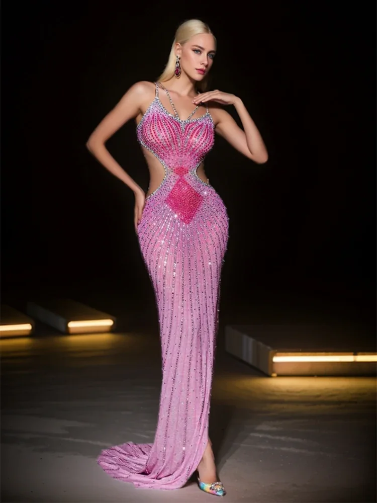 Pink birthday Diamond Sequin Dress Sexy Sleeveless Backless Hollowed Out Singer Performance Party Floor Dress