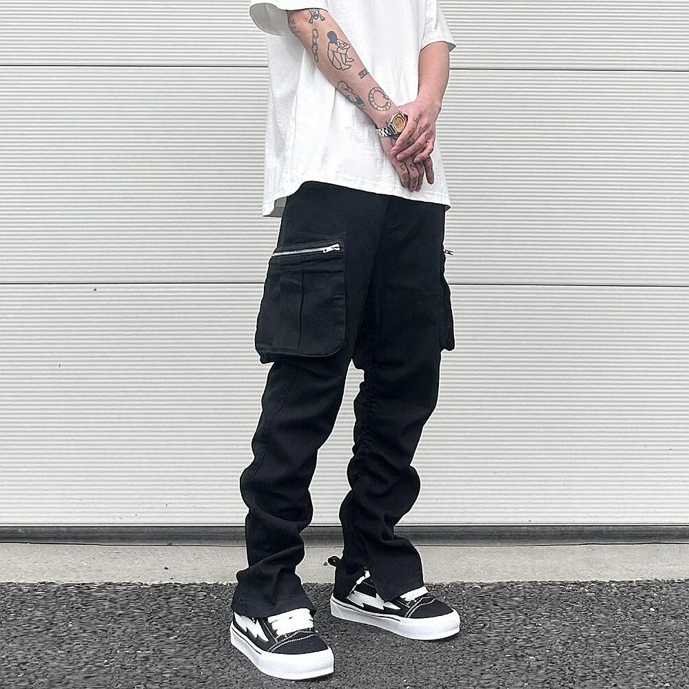 

Streetwear Retro White Black Pleated Tapered Jeans Side Pockets Zipper Hem Casual Jeans Baggy Men's Fashion Straight Denim Pants