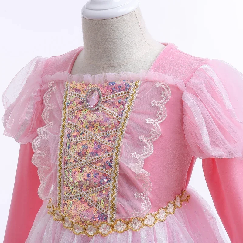 Girl Rapunzel Costume Tangled Long Sleeve Princess Dress Children Luxury Print Ball Gown Lace Sequin Gradient Fluffy Frocks MN3