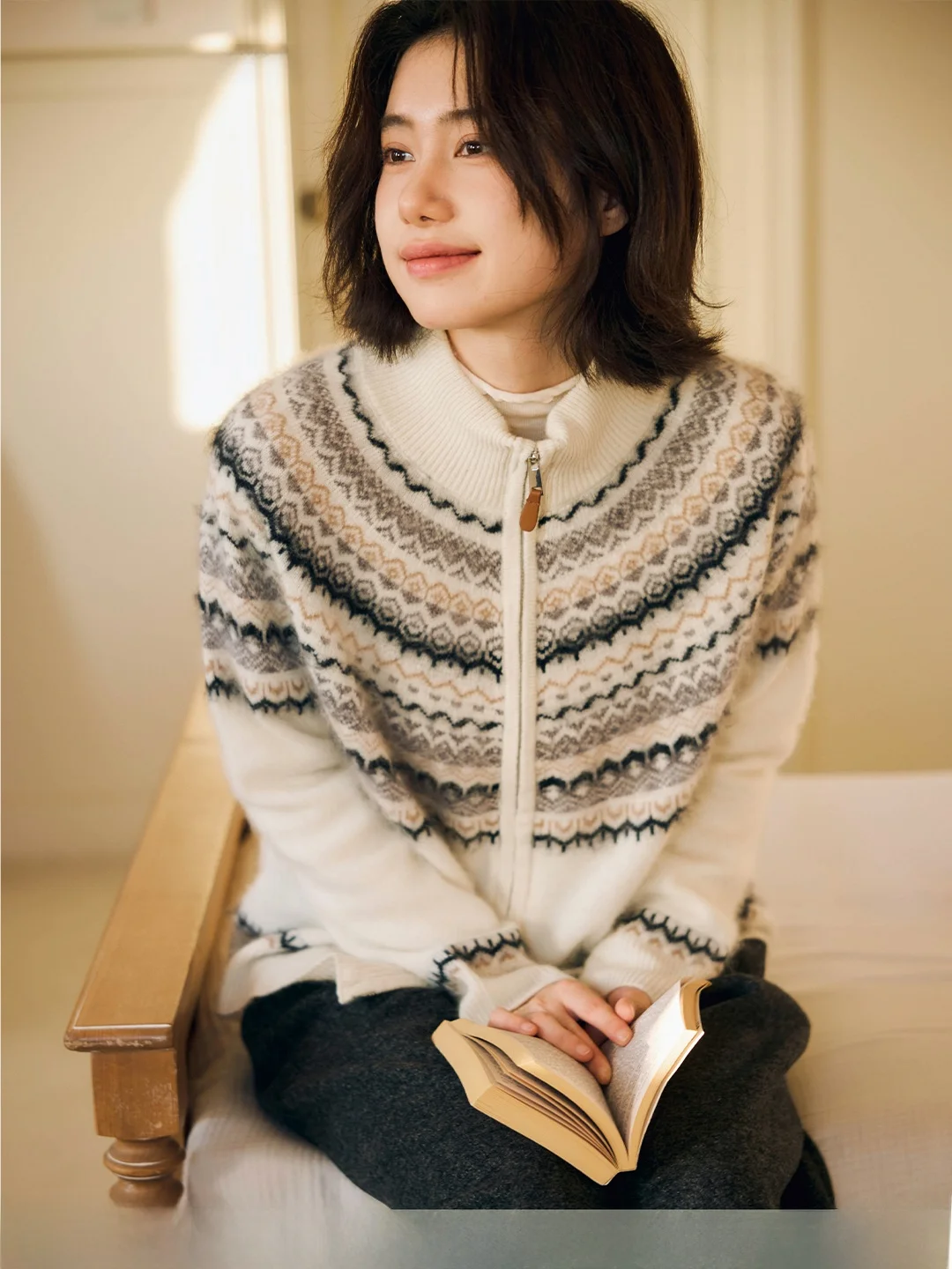 

Goosa Wool Blend Knitted Sweater Zipper Collar Lazy Sle Women's Winter Long Sve Casual Comfortable Knitwear Top