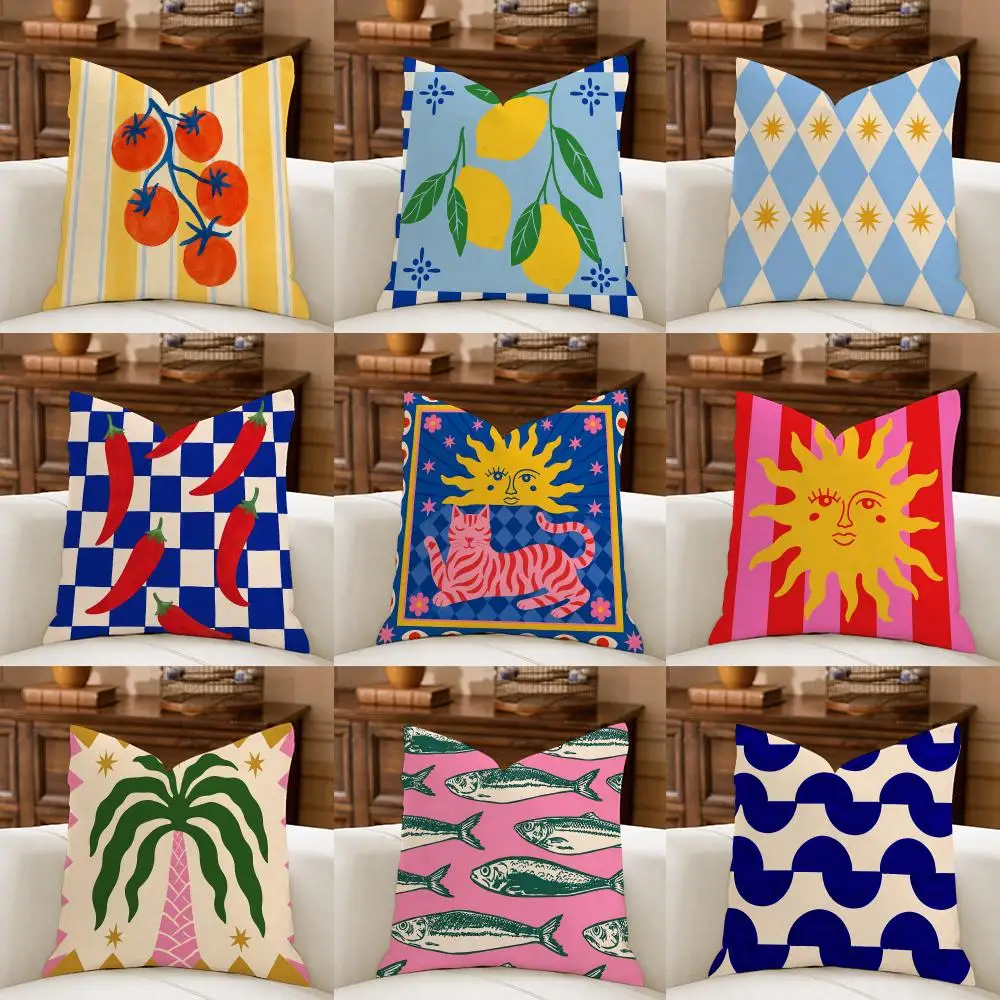 Lemon Sardine Palm Tree Cushion Cover Natural Breathable Durable Linen Printed Decor Pillow Case Sofa Bedroom