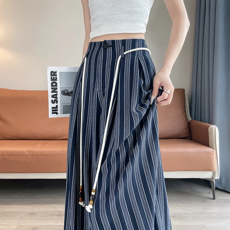 Ice Silk Cotton Linen Striped Wide Leg Pants for Women Summer Lazy Style Straight Leg Casual Trousers Women Sun Protection Pants