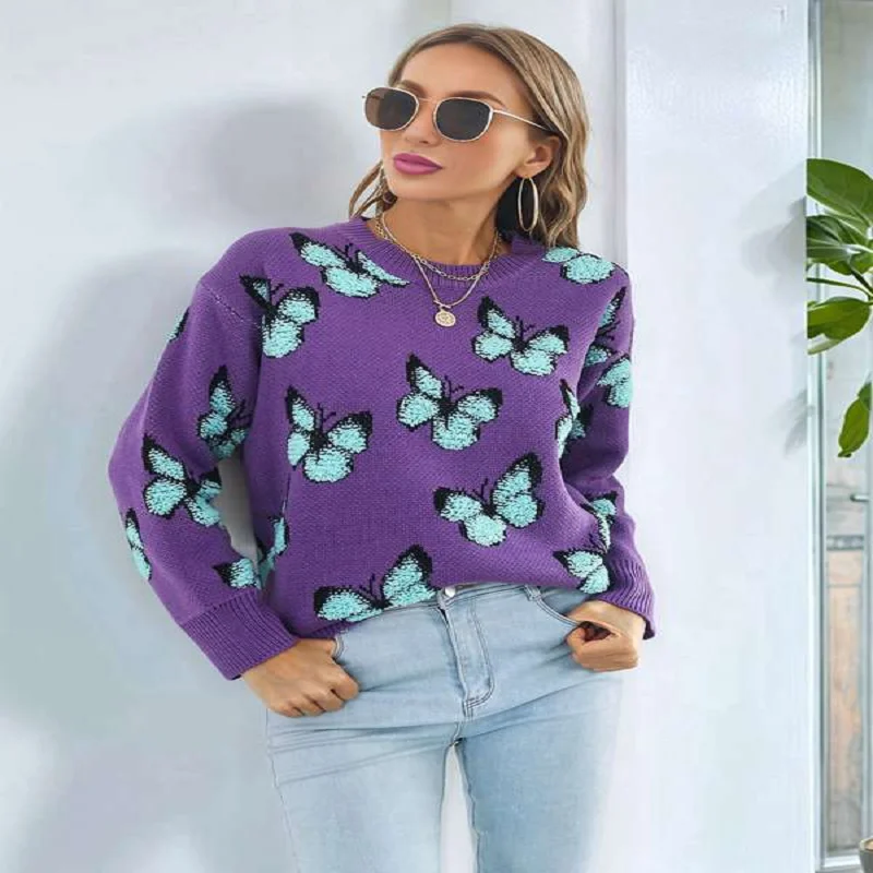 Y2k فراشة الجاكار المرأة سترة الخريف الشتاء عالية Stree موضة الدافئة تريكو ملابس نسائية غير رسمية فضفاضة البلوز القمم