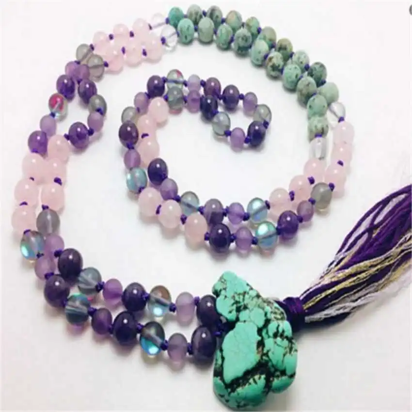 

8mm Natural Howlite green Crystal Tassel Mala necklace 108 Bead Peace Tranquility Religious Teenagers Beads Metal Prayer Healing