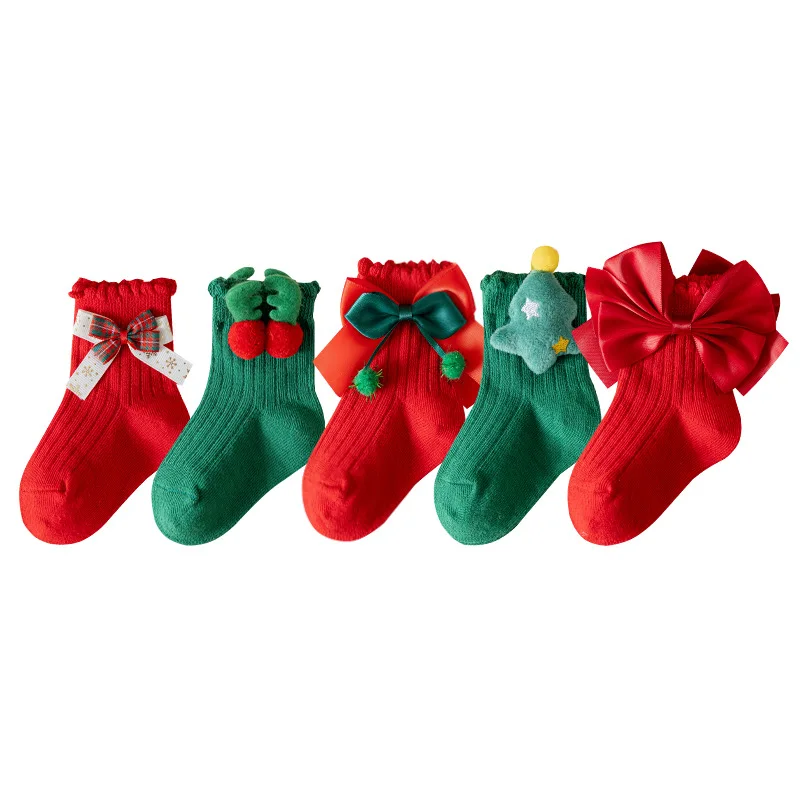 أطفال عيد الميلاد القوس الجوارب 5 أزواج طفل الفتيات أعلى الأحمر الكرتون الأميرة الفتيات الكاحل الجوارب الشتاء الدافئة لهدايا عيد الميلاد عطلة #1