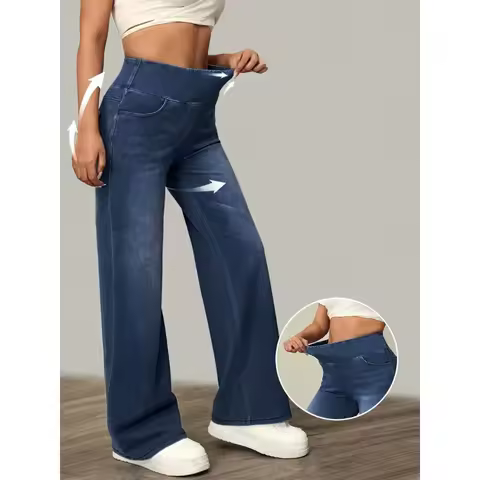 Women's Jeans New Elastic Waist High Stretch Loose Straight-Leg Pants Trendy Comfortable Versatile Cross-Border