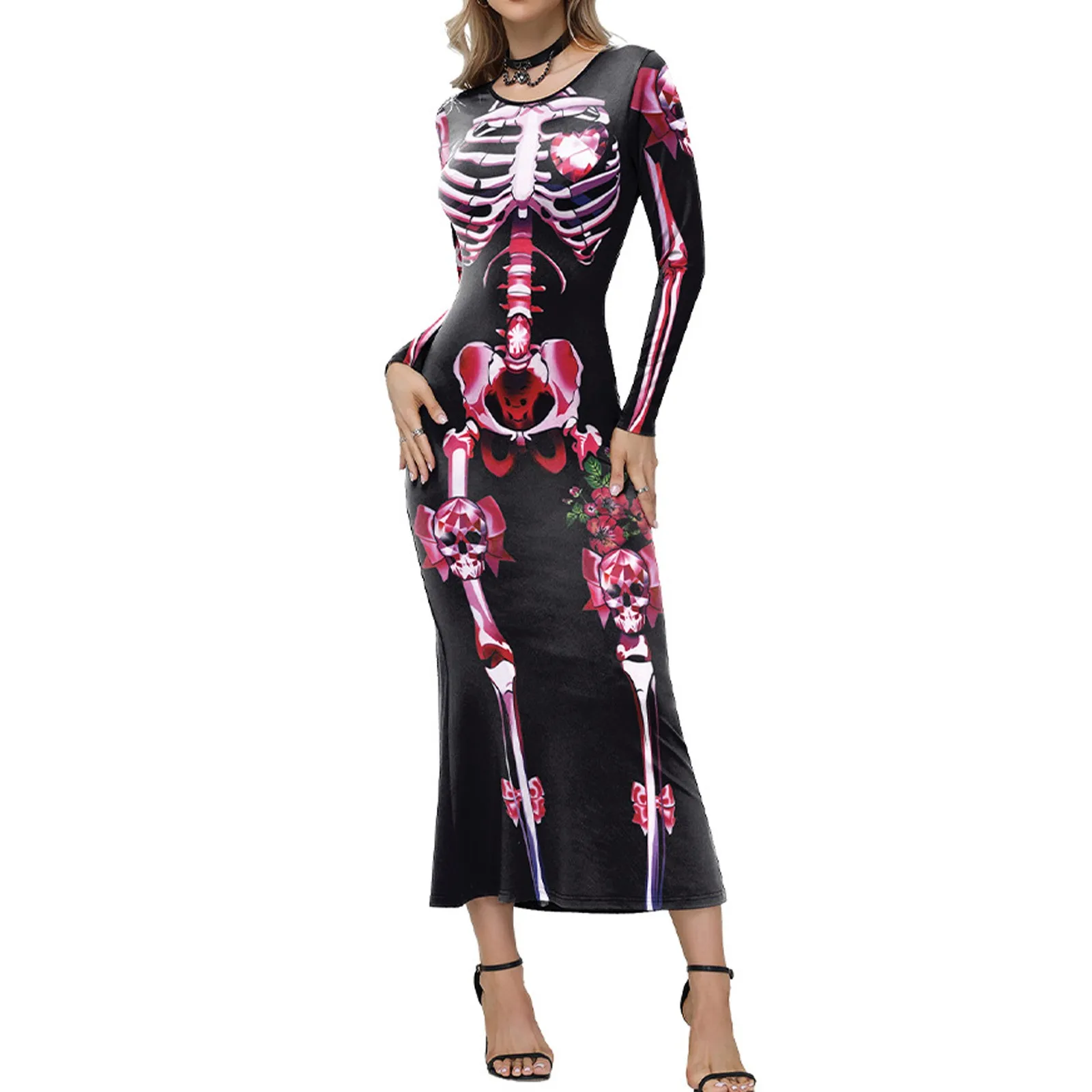 Vestido de manga larga con estampado de esqueleto a la moda para Mujer, vestido Maxi Floral con cuello redondo, Vestidos elegantes para Mujer, Vestidos de fiesta para Mujer