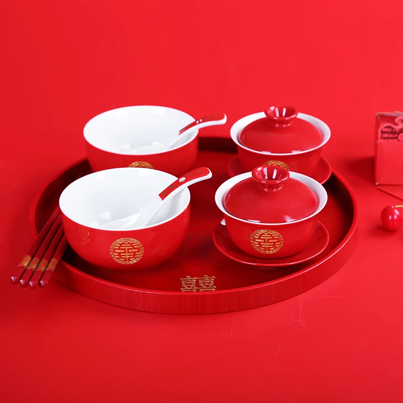 Chinese Wedding Red Ceramic Bowls Spoon Set Toast Tea Gaiwan Cup Saucer Carving Xi Gift Teaware Household Porcelain Tableware