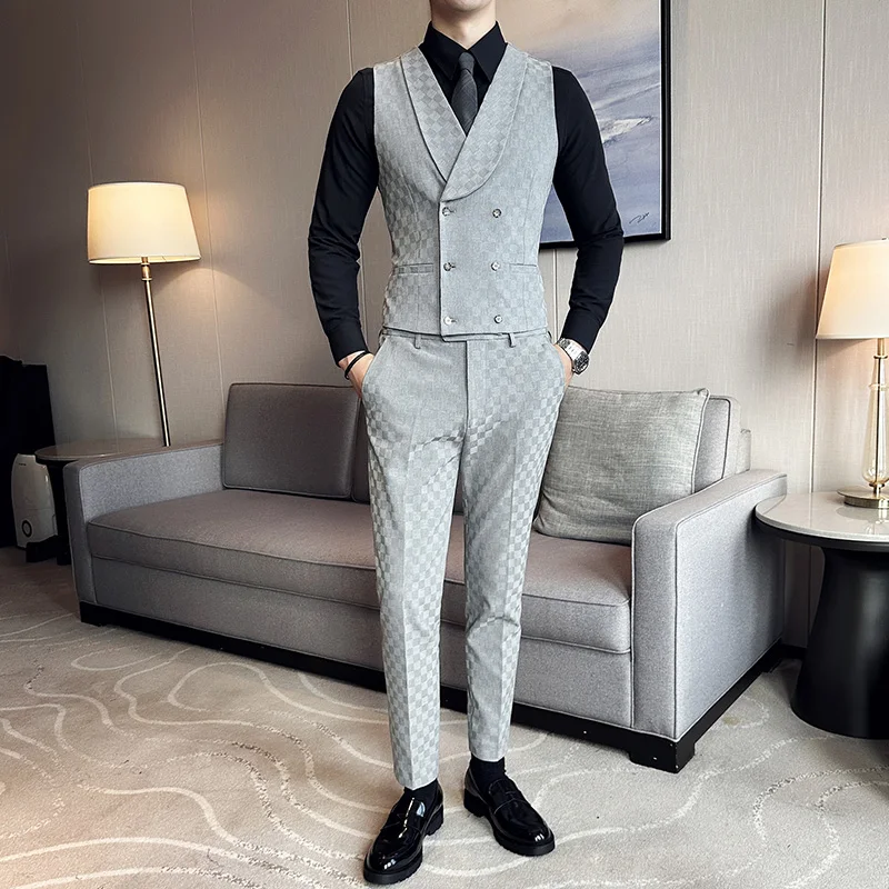 

Korean Slim Double Breasted Checkered Vest Suit Men Wedding Tuxedos Suits 2 Pieces Set (Vest+Pant) Business Formal Casual Suits