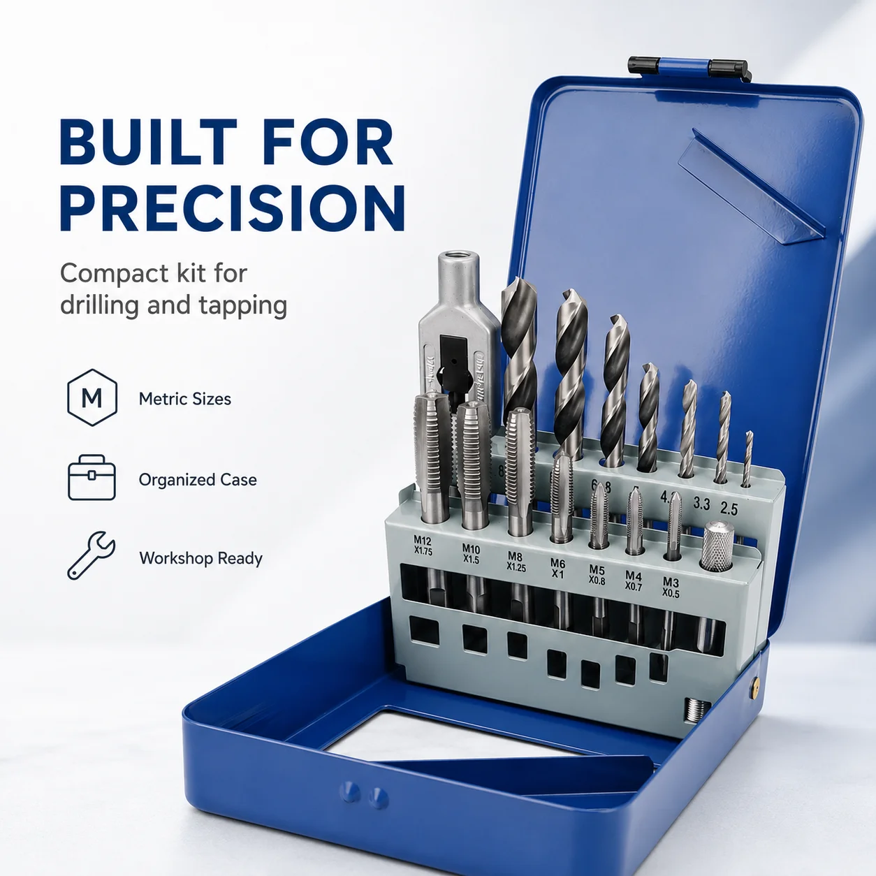 Image of Metrisches Gewindebohrer- und Gewindeeinsatz-Set, 16-teilig, M3-M12 Gewindebohrer mit Gewindeschneidschlüssel, Metall-Gewindebohrwerkzeug-Set für DIY-Werkstatt und Reparaturen