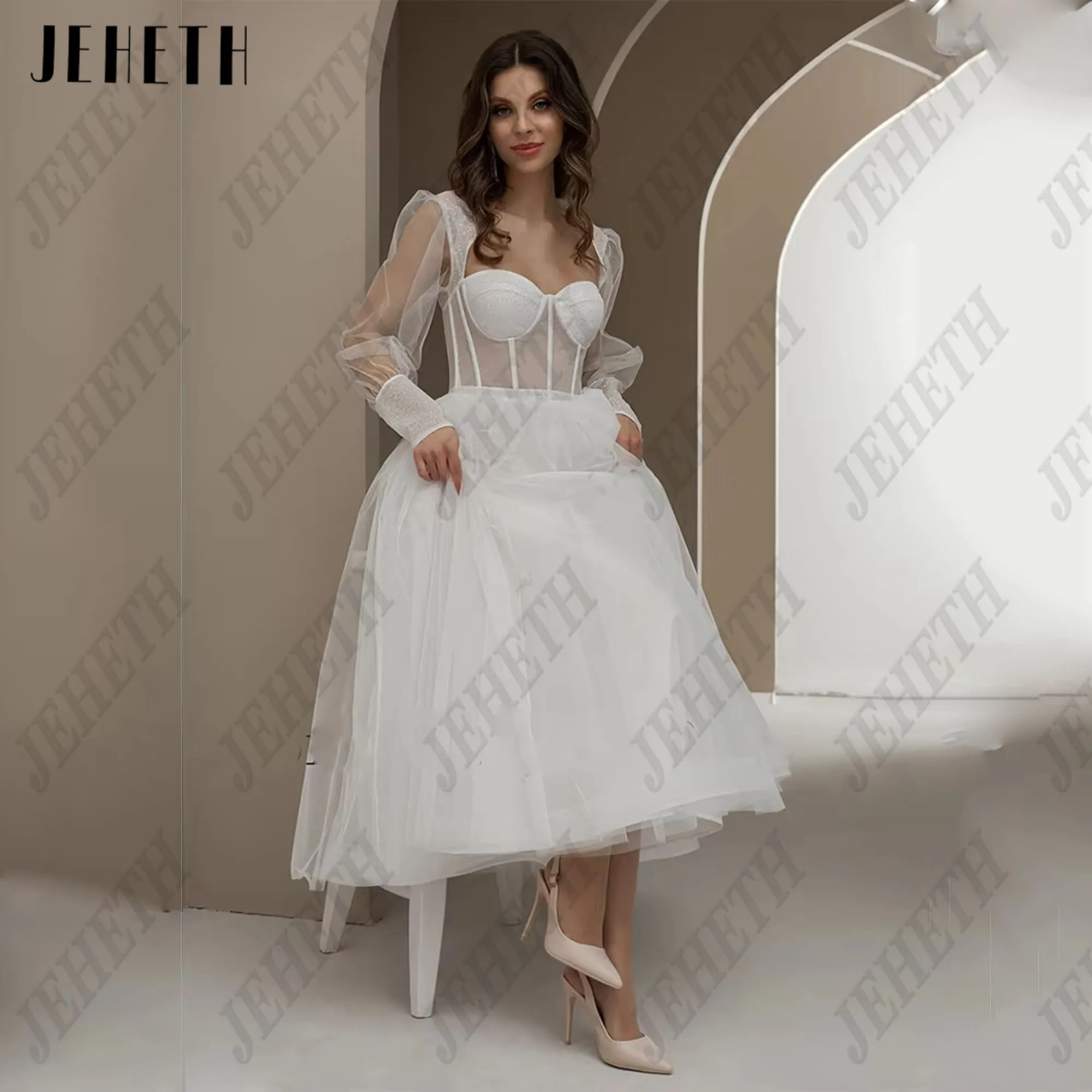 

JEHETH Bling Glittter Boho Short Wedding Dresses For Women Sweetheart Full Sleeves Tulle Beach Backless Bridal Gown Customized