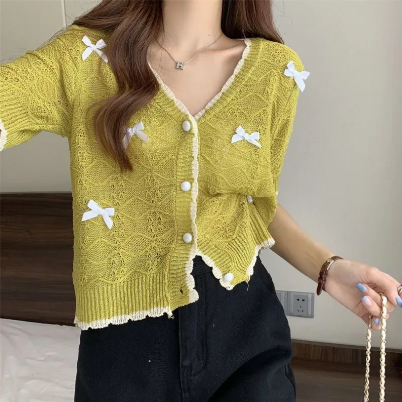 2024 Summer New Sweet Women Knitted V-neck T-shirt French Retro Versatile Breathable Short-sleeved Bow Hollow Out Crop Top