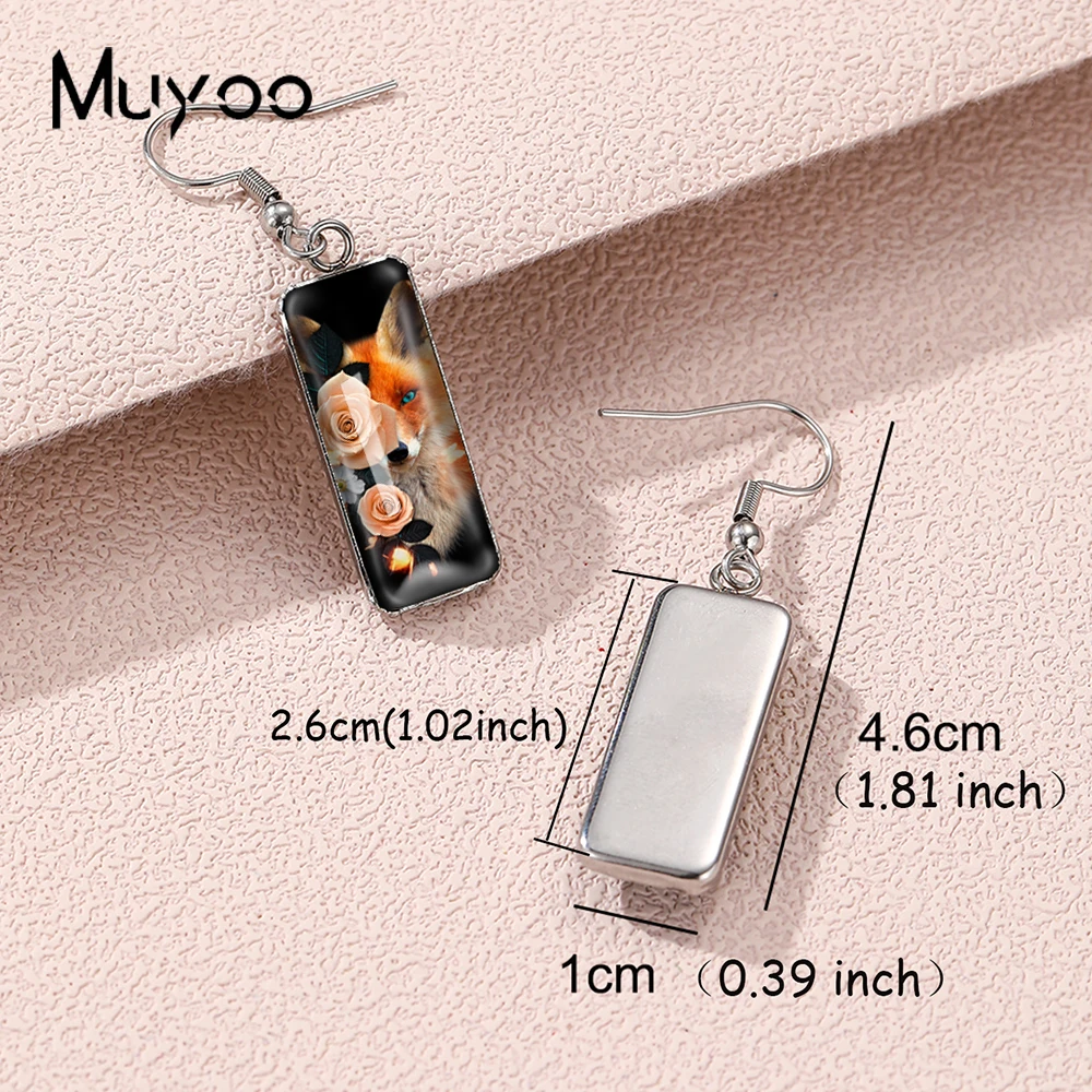 2025 New Fashion Red Fox and Pink Rose Flower Pattern Handmade Rectangle Glass Cabochon Stainless Steel Fish Hook Earrings