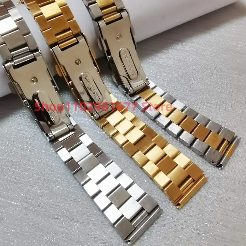 18mm 20mm 22mm Universal Straight End Solid  Stainless  Steel Silver Gold President  3 Beads Watch Band Strap Bracelet