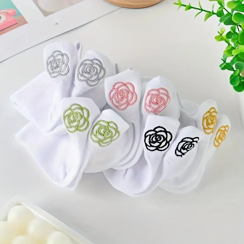 

5-Pair Camellia Ankle Socks for Women - Breathable Spring/Summer Socks, Floral Design, Versatile & New Style