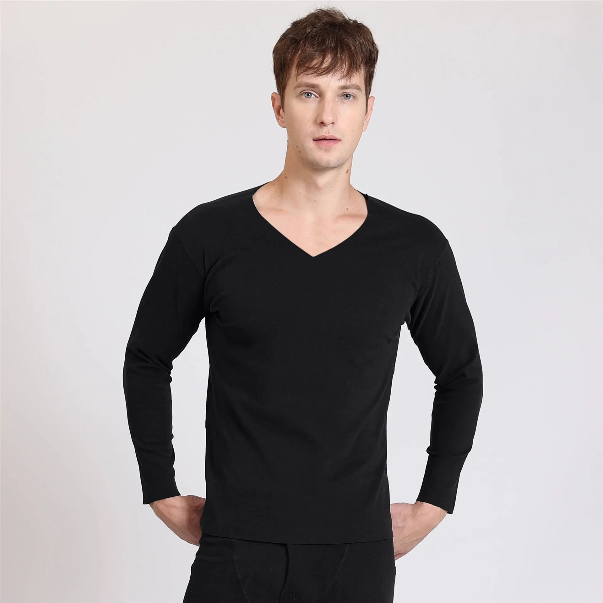 1pcs Autumn Winter Seamless Men\'s Long-sleeved Thermal Underwear Man Plus Size V-neck Thin velvet Autumn clothes Tops XL-7XL