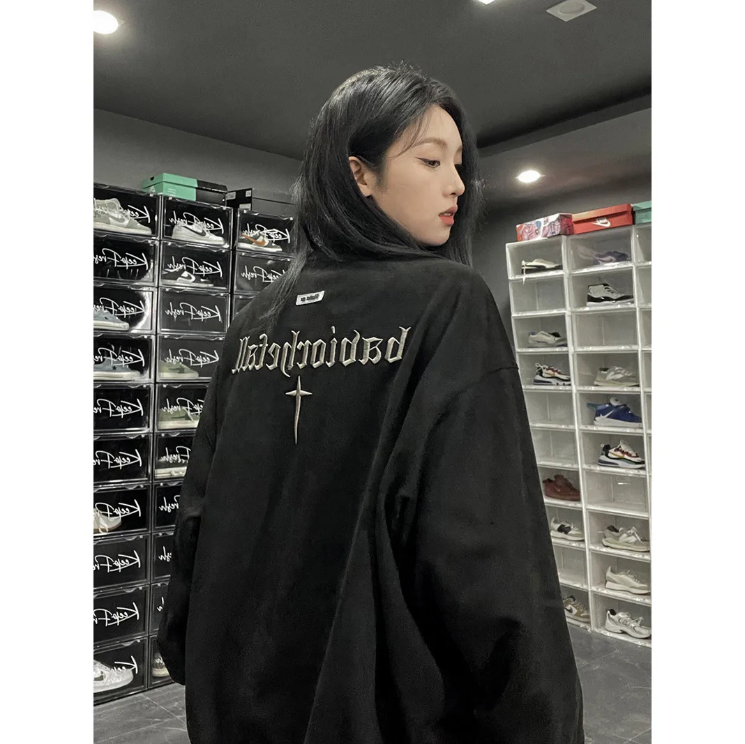 American Retro Round Neck Women's Hoodie Top Autumn Fashion Embroidered Letter Oversized Loose Pullover Sweatshirt Streetwear